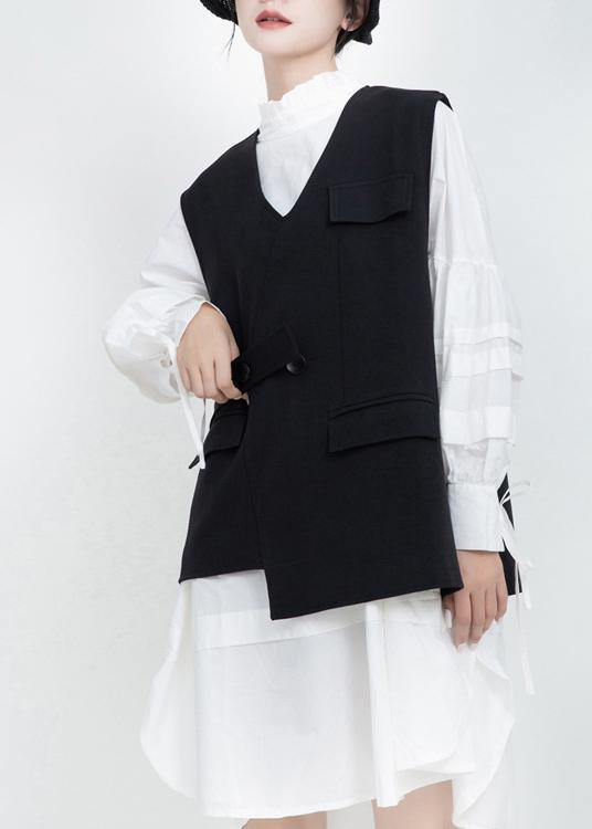 Women V Neck Fine Sleeveless Outwear Black Silhouette Women Coats