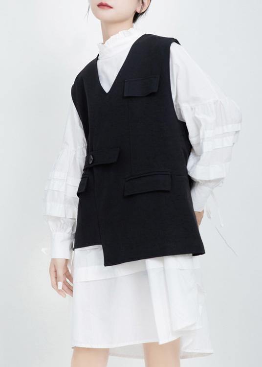 Women V Neck Fine Sleeveless Outwear Black Silhouette Women Coats